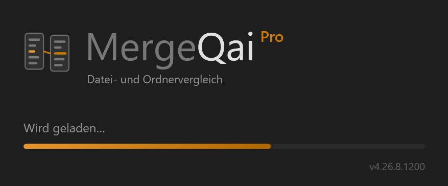 Screenshot 01: Startbildschirm mit dem Schriftzug „MergeQaiPro“, dem Untertitel „Datei- und Ordnervergleich“ und der Zeile „Wird geladen…“