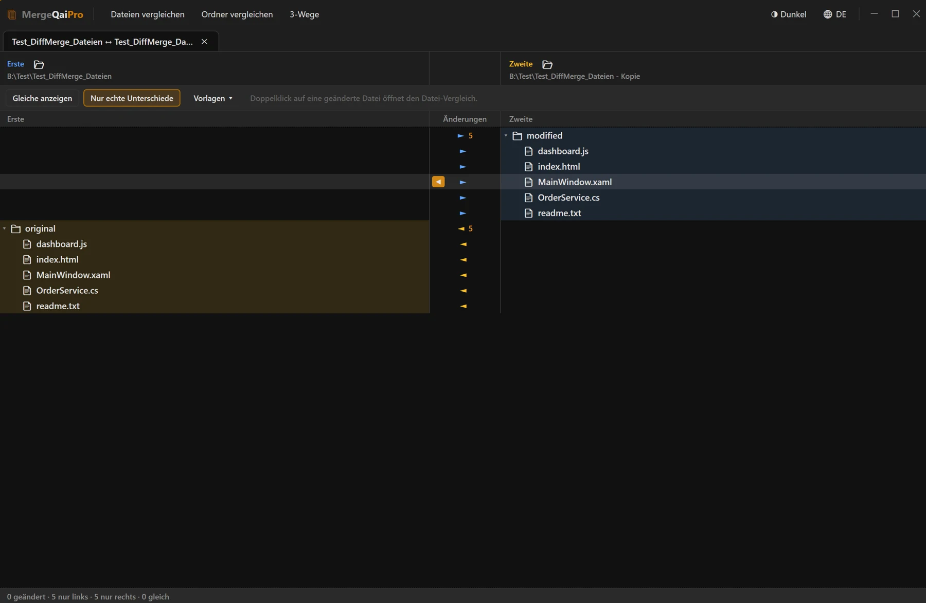 Screenshot 06: Fenster mit mehreren offenen Reitern — ein Ordner-Vergleich und zwei Datei-Vergleiche