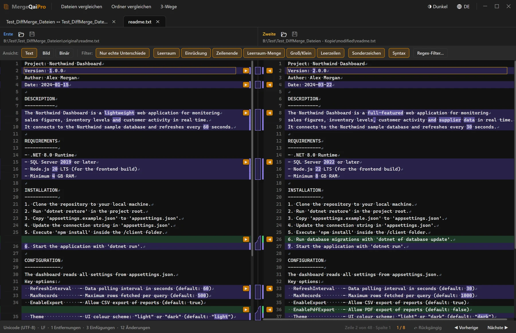Screenshot 08: Eingeschalteter Filter „Sonderzeichen“: Leerzeichen als ·, Tabulator als → und die Zeilenenden als ¶ / ↵