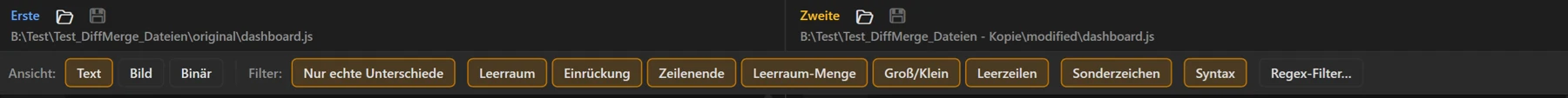 Screenshot 10: Filterleiste mit allen Schaltern — „Nur echte Unterschiede“, Leerraum, Einrückung, Zeilenende, Groß/Klein, Zeilenenden, Leerzeilen, Leerraum-Menge, Syntax, Sonderzeichen und „Regex-Filter…“