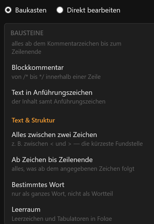 Zum Vergrößern klicken Vorlagen-Leiste und Regelsatz-Auswahl im Regex-Filter-Fenster