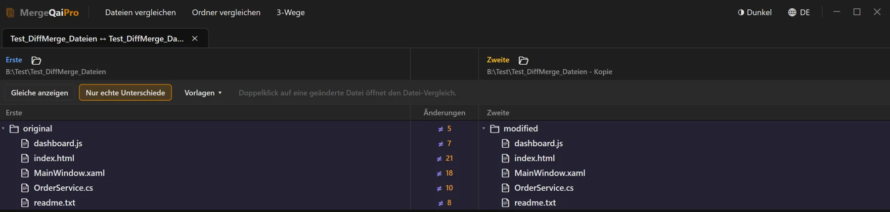 Zum Vergrößern klicken Ordner-Vergleich mit den Spalten Erste, Änderungen und Zweite