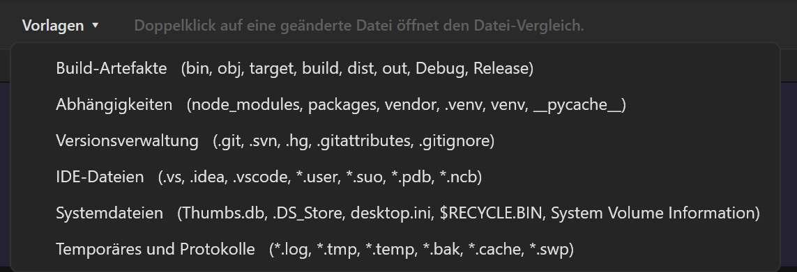 Screenshot 16: Menü „Vorlagen ▾“ mit den sechs Ausschluss-Vorlagen