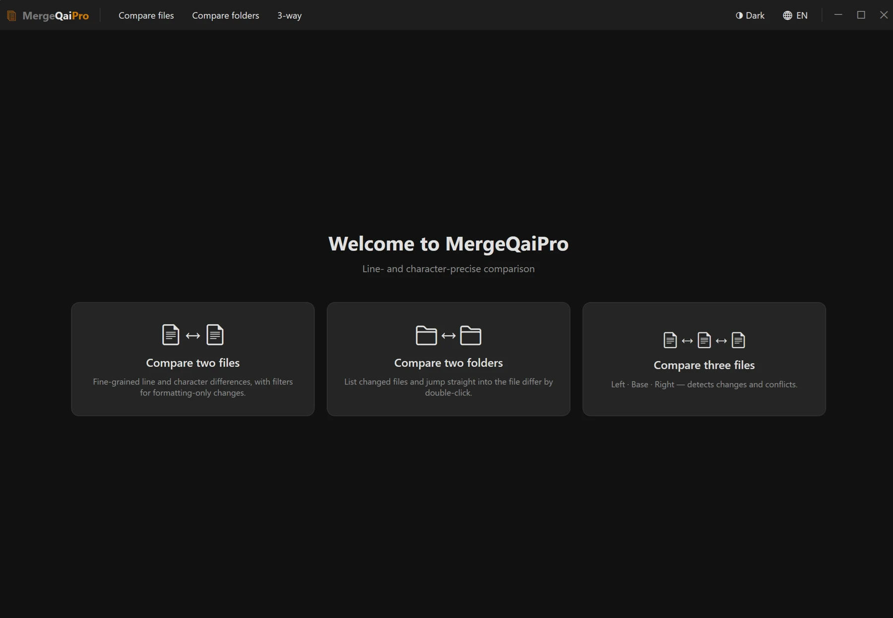 Screenshot 02: Start page with the heading “Welcome to MergeQaiPro” and the three tiles for file, folder and three-way comparison