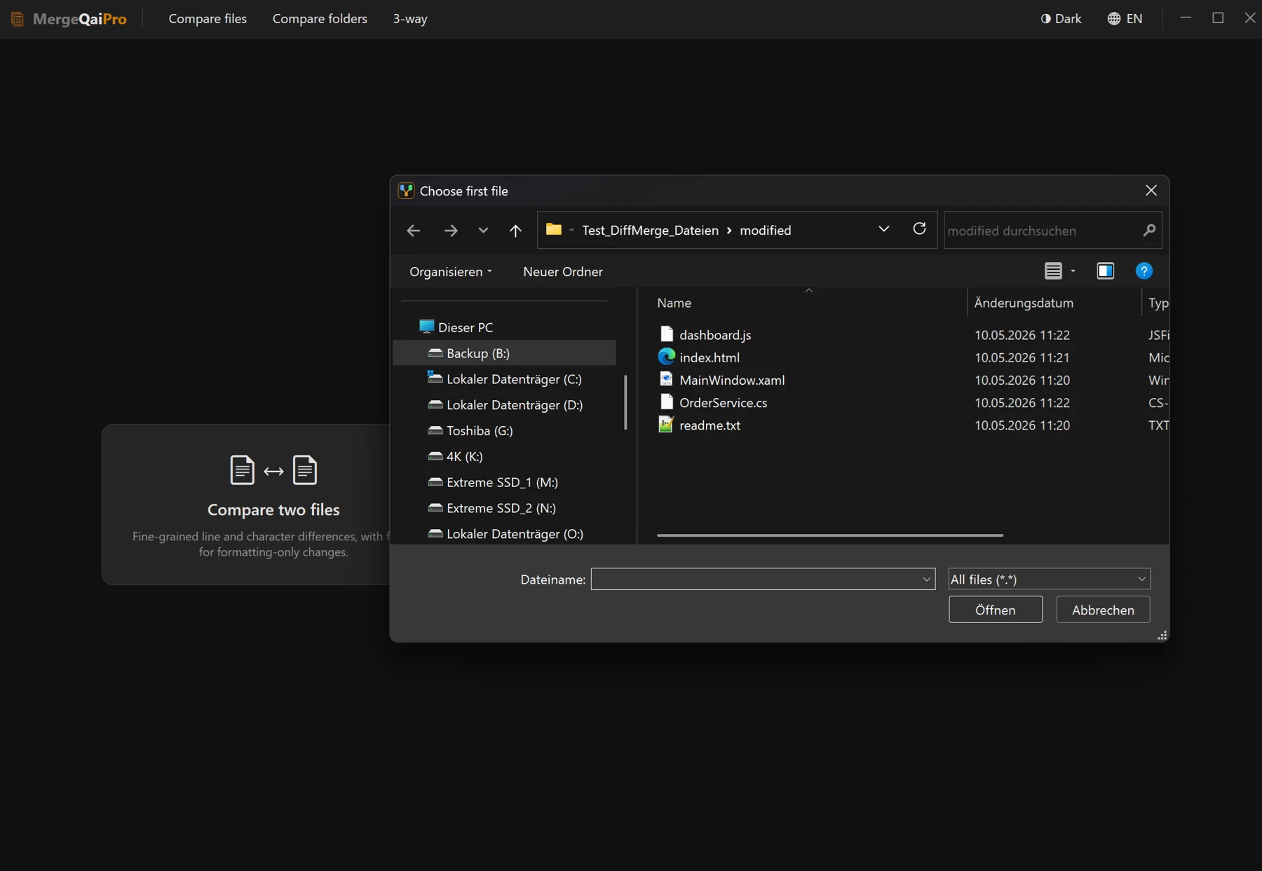 Screenshot 03: “Choose first file” file selection dialogue