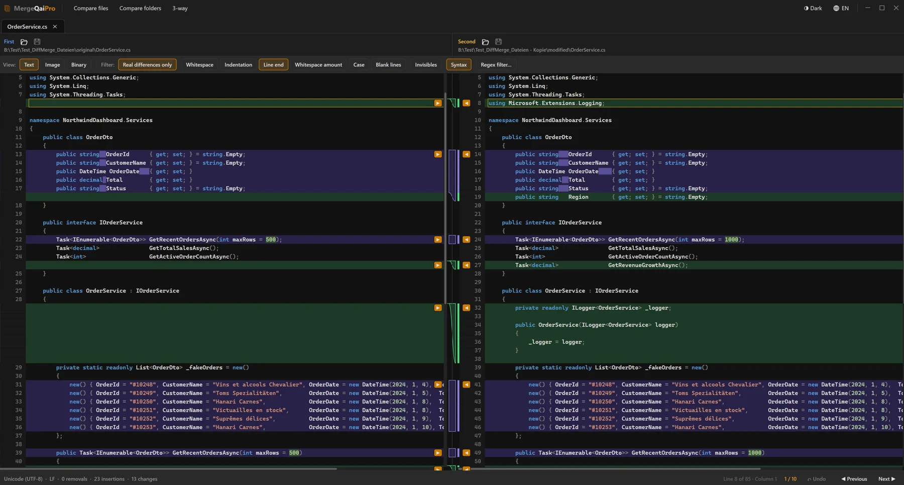 MergeQaiPro — file comparison with differences marked in colour