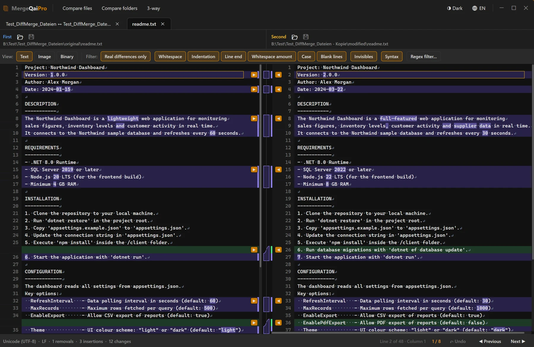 Screenshot 08: The “Invisibles” filter switched on: spaces as ·, tabs as → and line endings as ¶ / ↵