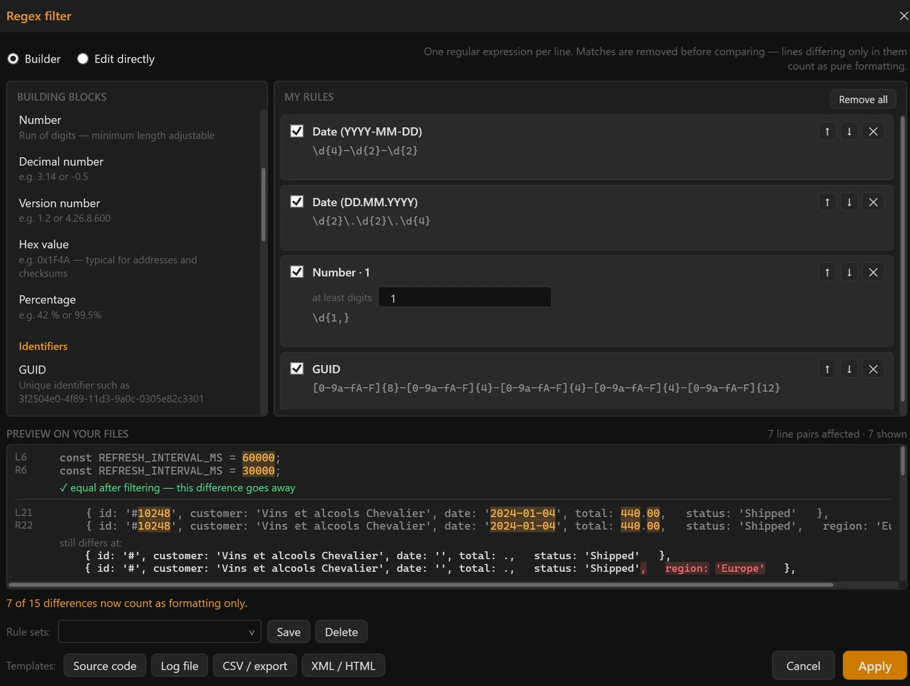 Regex filter window with building blocks, own rules and live preview
