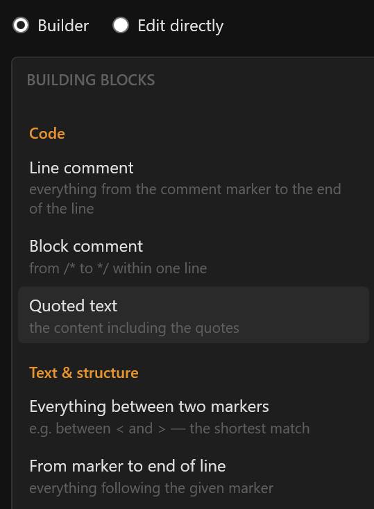 Template bar and rule-set selection in the regex filter window