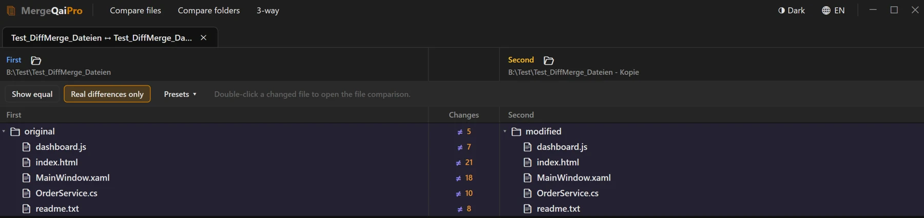 Folder comparison with the columns First, Changes and Second
