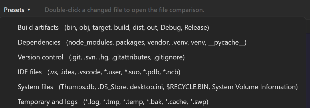 Screenshot 16: “Presets ▾” menu with the six exclusion presets