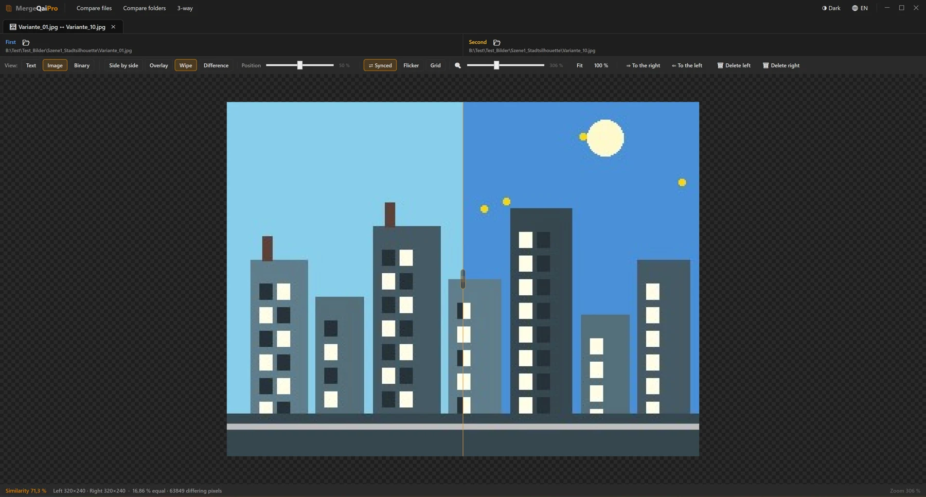 Image comparison in slider mode with the divider in the middle