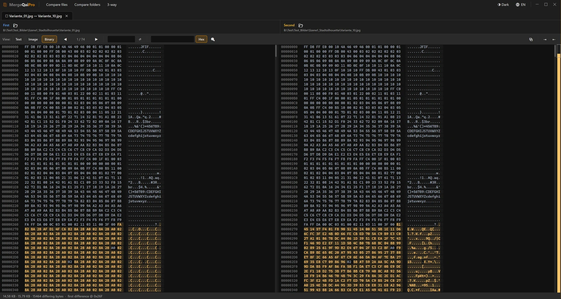 Binary comparison as a hex view with deviating bytes highlighted