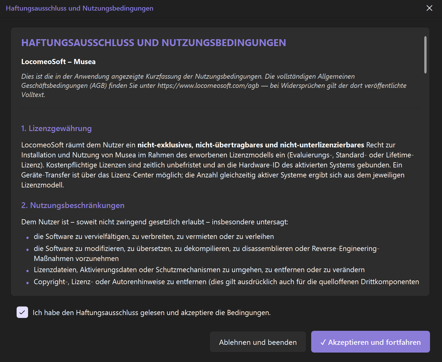 Screenshot 02: Dialog „Haftungsausschluss und Nutzungsbedingungen“ mit Scroll-Hinweis, Akzeptieren-Häkchen und den Schaltflächen