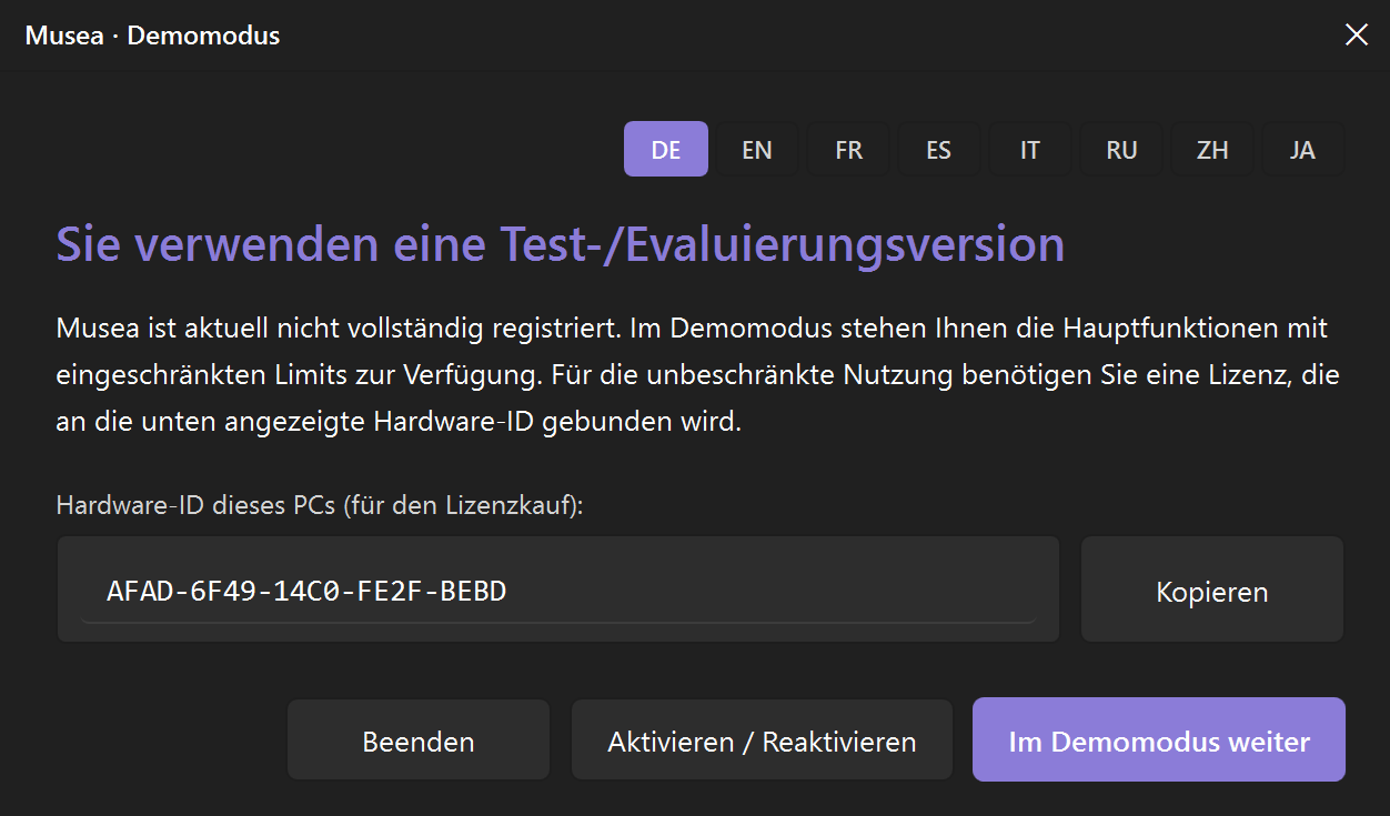 Screenshot 03: Demomodus-Dialog mit Badge „Evaluierung / Demo“, Hardware-ID-Feld und den drei Schaltflächen