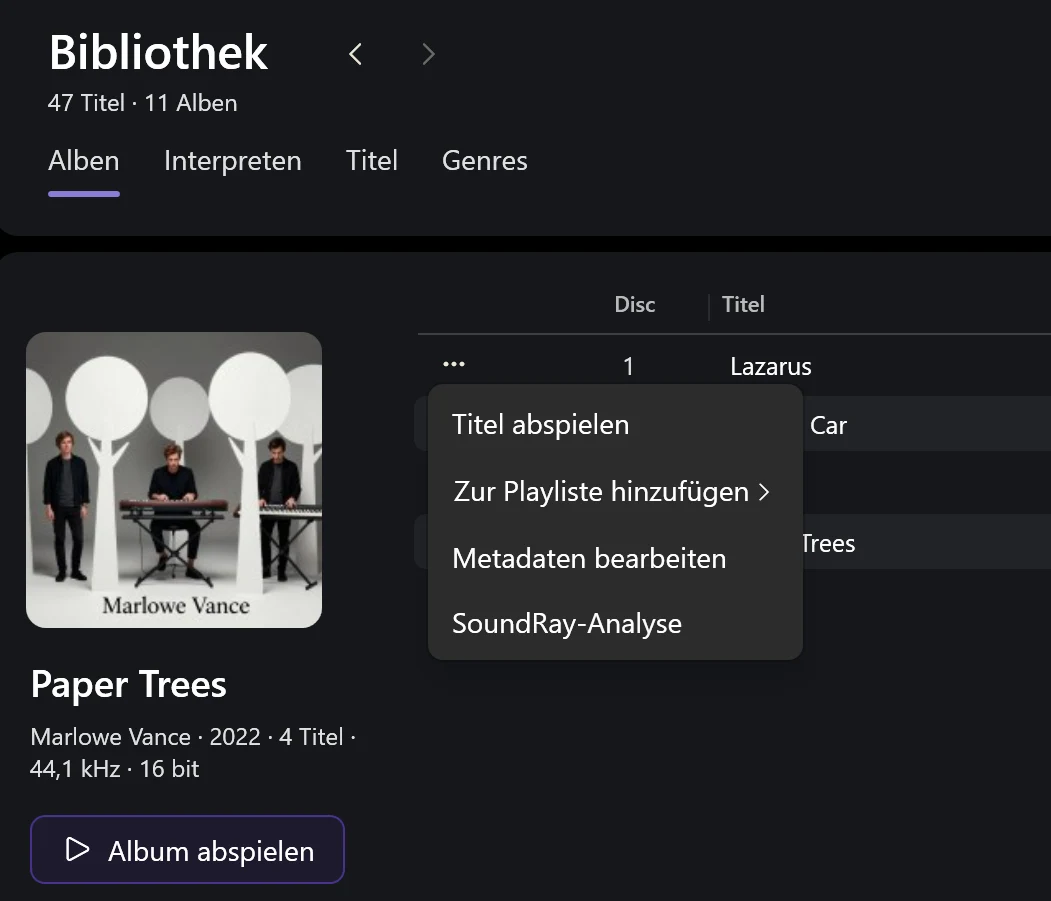 Screenshot 10: Kontextmenü eines Titels mit den Einträgen Abspielen, Zur Playliste, Metadaten, Cover, SoundRay-Analyse