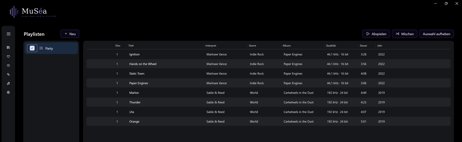 Screenshot 14: Playlisten-Bereich: Liste der Playlisten links, Titel der gewählten Playliste rechts, Werkzeugleiste mit Neu/Mischen/Leeren