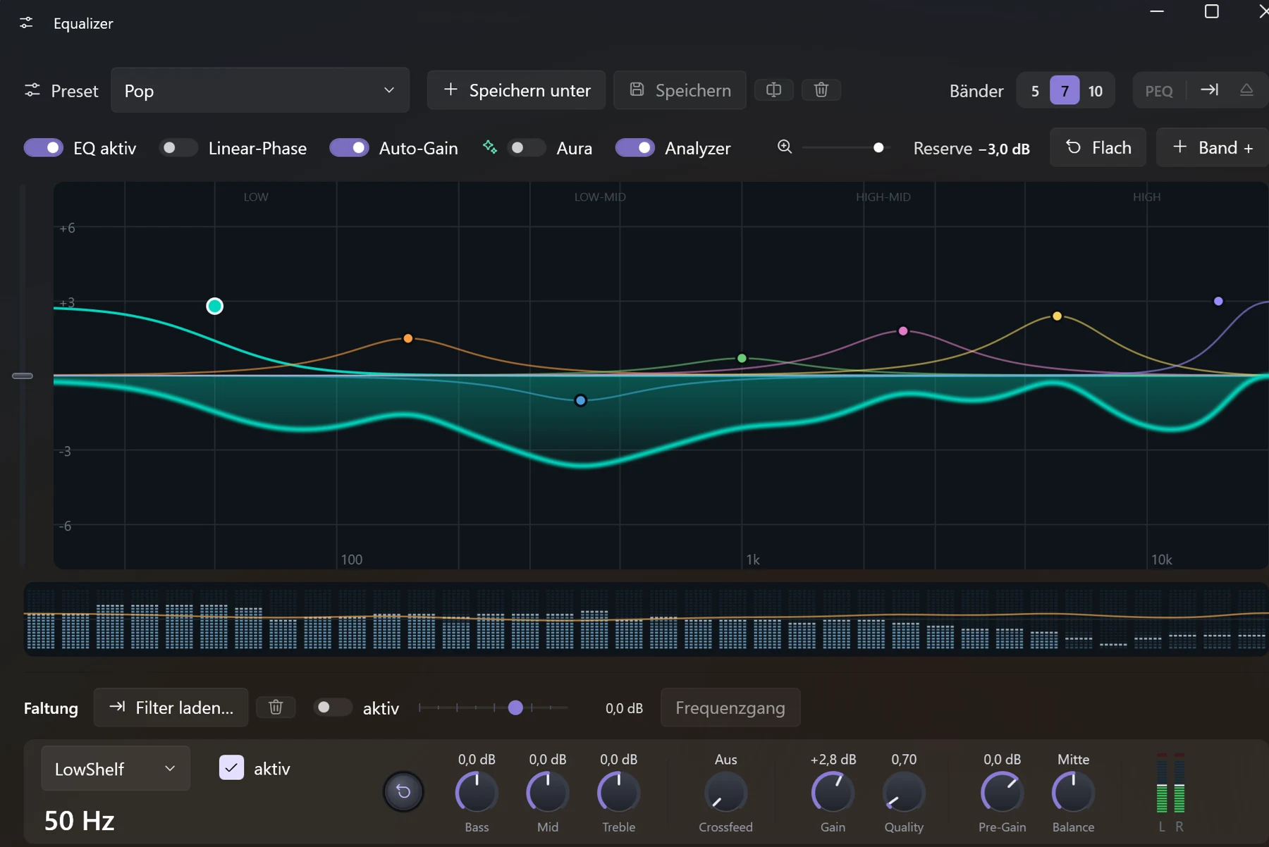 Screenshot 16: Equalizer im eigenen Fenster: Frequenzgang-Kurve mit Bändern, Preset-Leiste oben, Klangregler und Analyzer