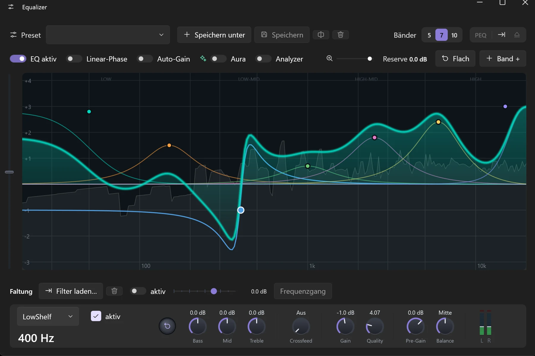 Screenshot 17: Kurvendarstellung des EQ: gezogene Bänder, dB-Gitter, Zoom- und Pan-Regler an der Seite