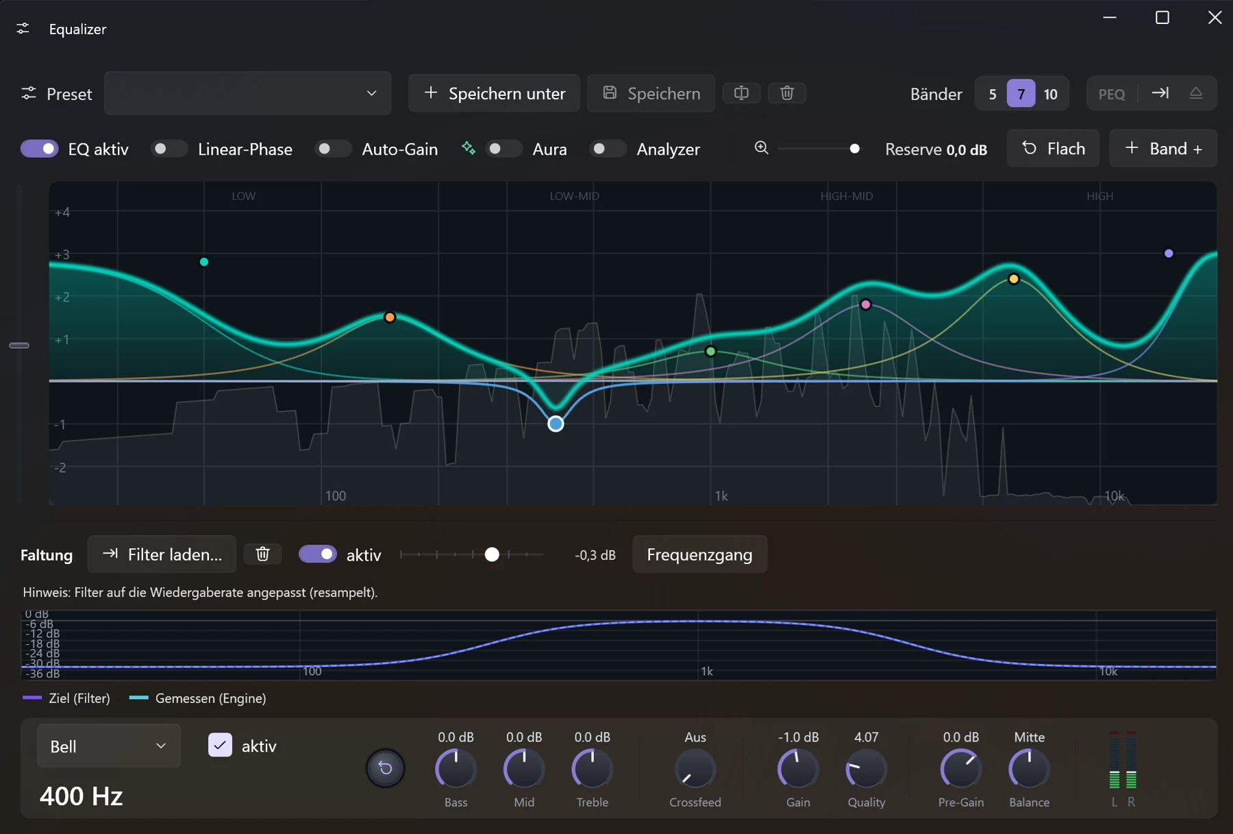 Screenshot 18: Faltungs-Bereich mit geladenem Filter und dem Frequenzgang „Ziel“ gegen „Gemessen“