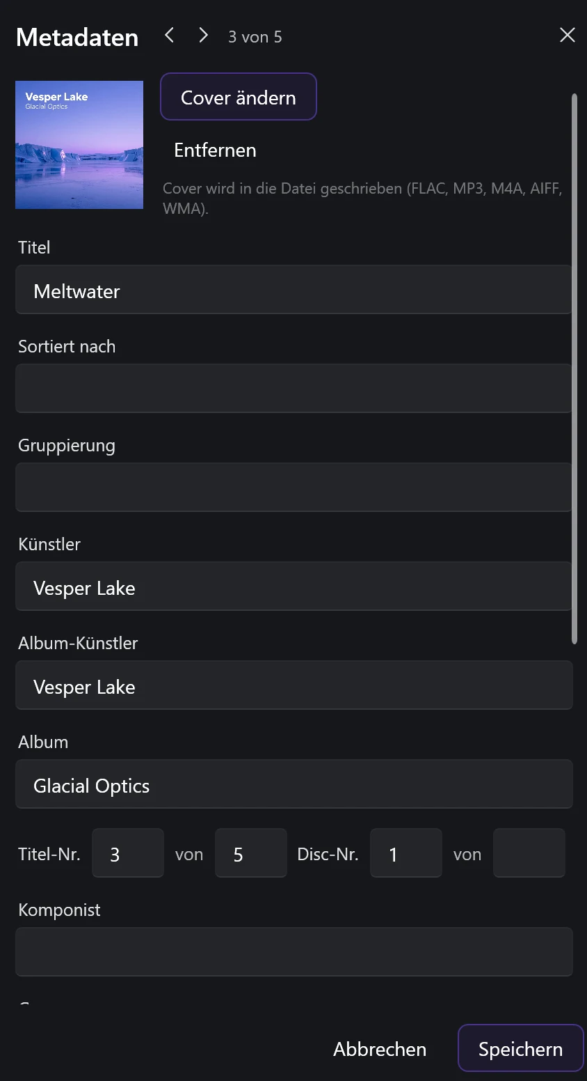 Screenshot 20: Metadaten-Editor: Felder für Titel, Interpret, Album, Jahr, Genre, Cover-Vorschau und die Option „Änderungen auch in die Datei schreiben“