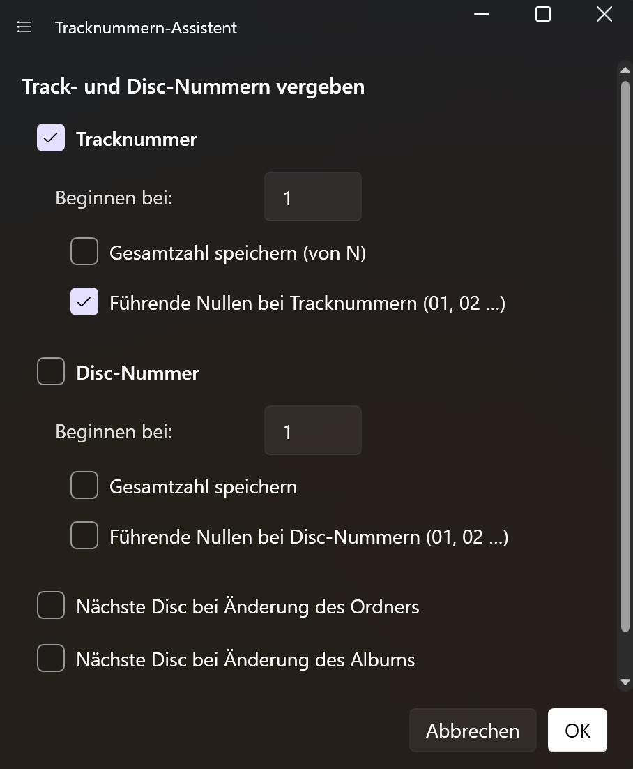 Screenshot 21: Tracknummern-Assistent mit Startwert, führenden Nullen und Disc-Optionen