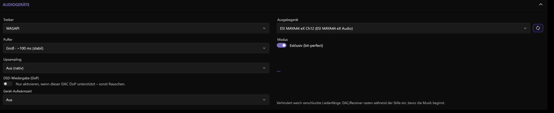 Screenshot 23: Bereich „AUDIOGERÄTE“: Treiber, Ausgabegerät, Puffer, Modus, Upsampling, DSD/DoP und Aufwärmzeit