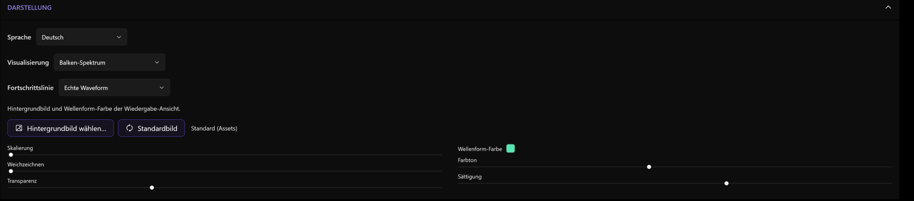 Screenshot 24: Bereich „DARSTELLUNG“ mit Hintergrundbild-Vorschau, Reglern für Weichzeichnen/Transparenz und der Wellenform-Farbe