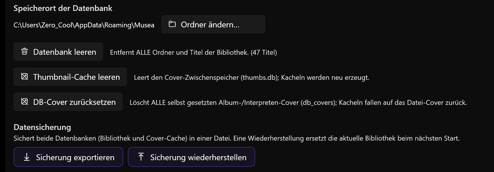 Screenshot 25: Bereich „Datensicherung“ mit den Schaltflächen „Sicherung exportieren“ und „Sicherung wiederherstellen“ sowie dem Fortschrittsring während des Vorgangs