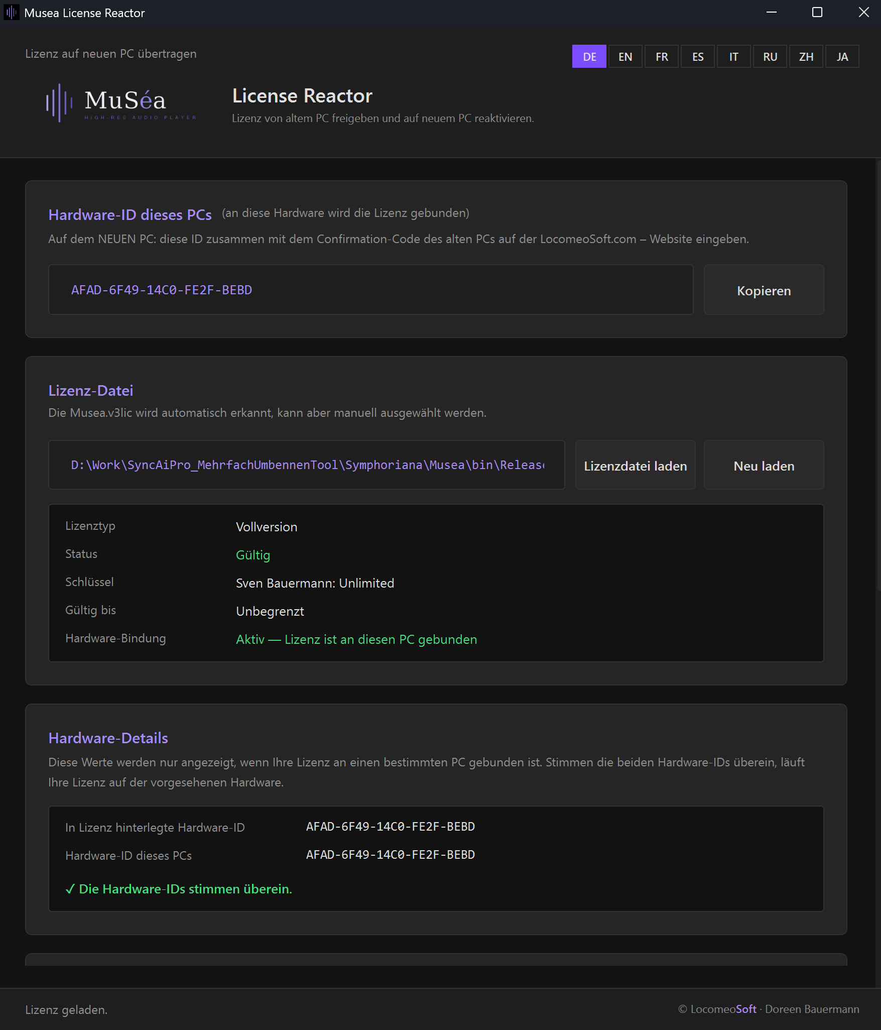 Screenshot 26: Lizenz-Center: Hardware-ID, Lizenztyp und Status, darunter die zwei Schritte für den Umzug