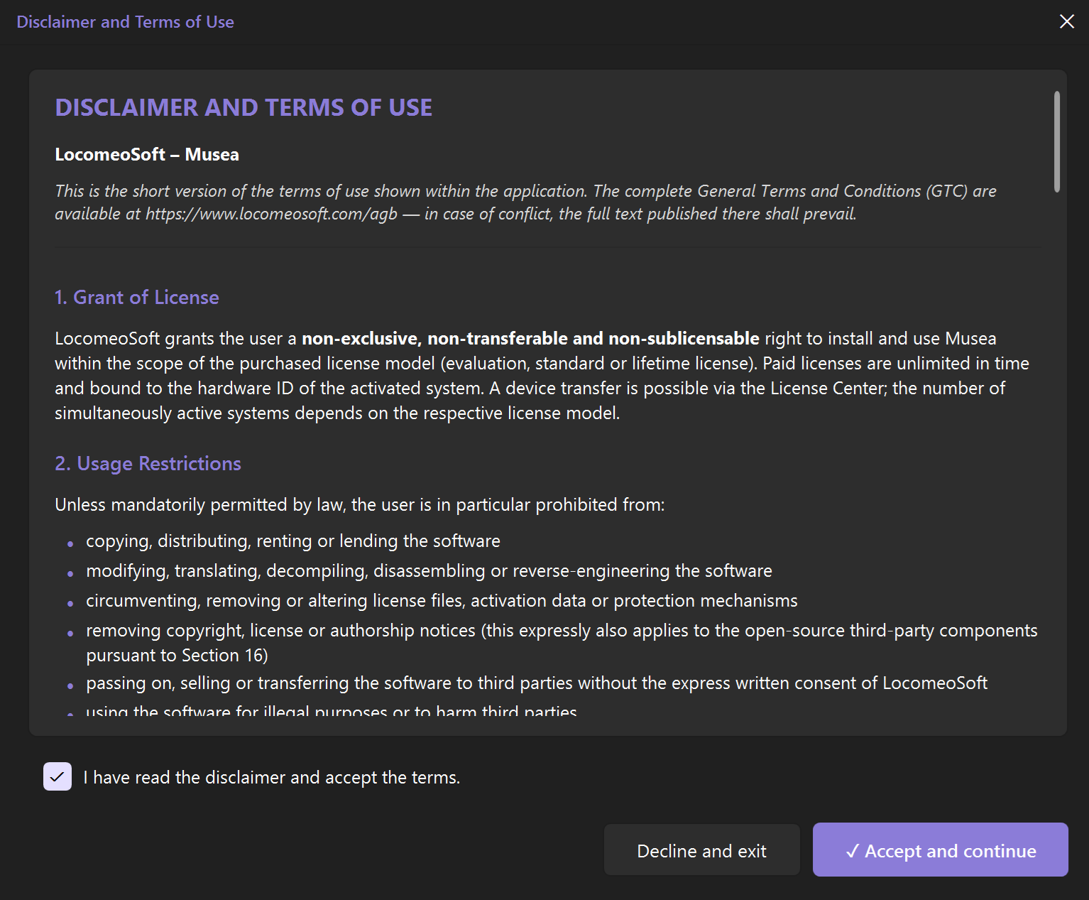 Screenshot 02: The “Disclaimer and terms of use” dialog with scroll notice, accept checkbox and buttons