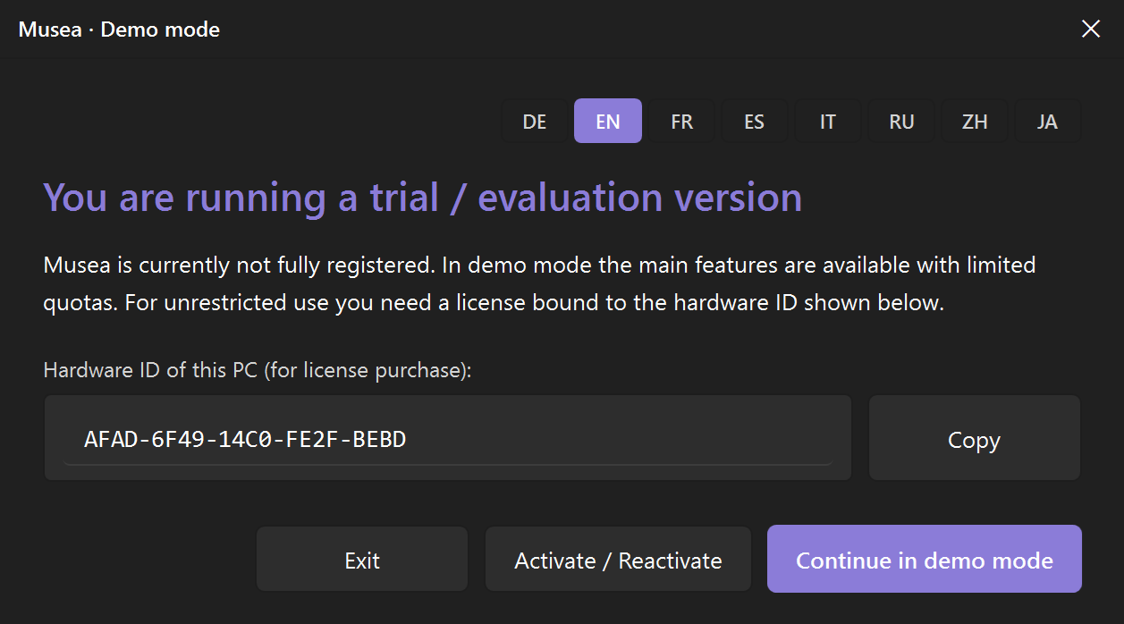 Screenshot 03: Demo mode dialog with the “Evaluation / Demo” badge, hardware ID field and the three buttons