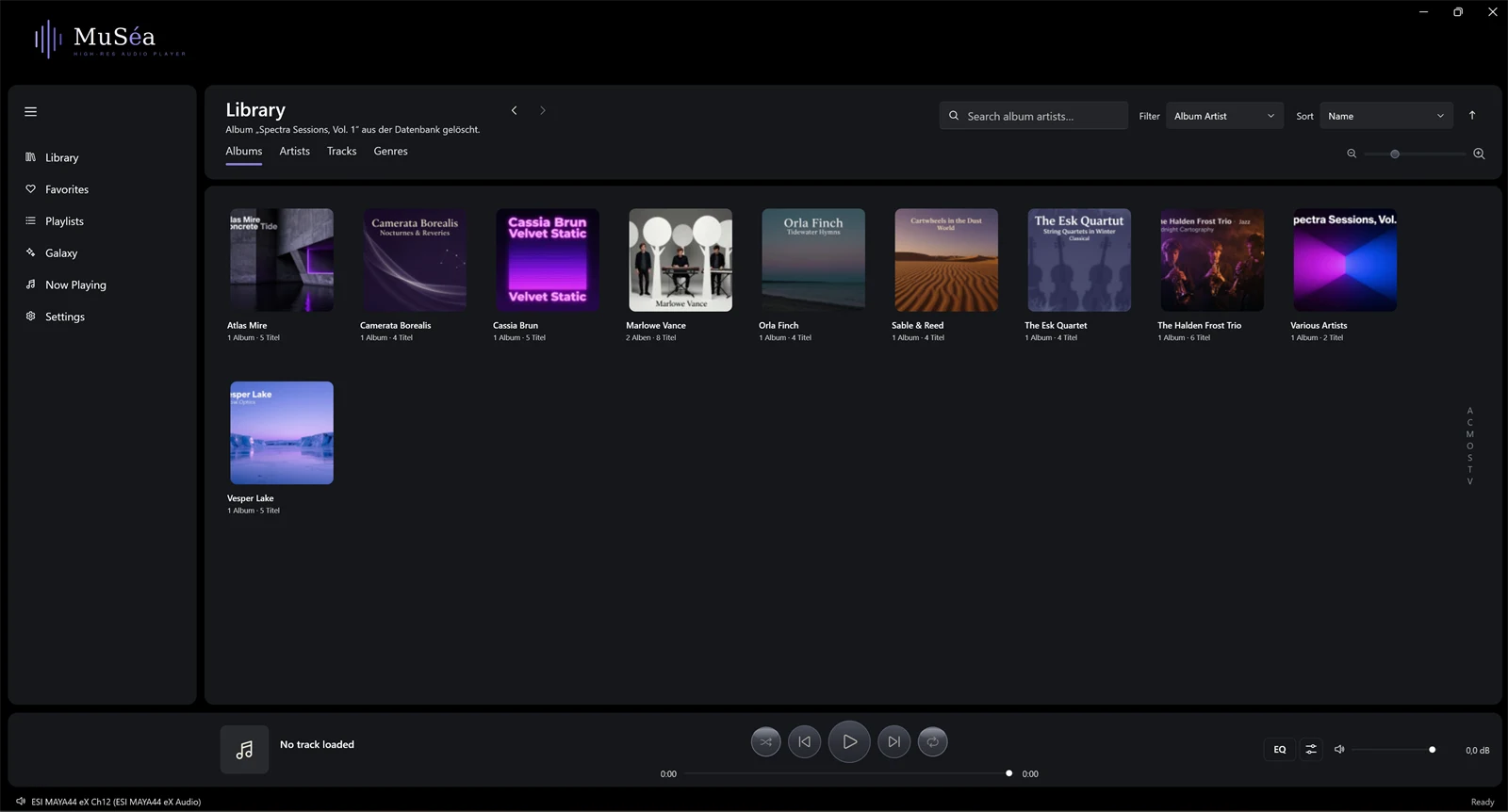 Screenshot 04: Overall view with a labelled sidebar (Library, Favorites, Playlists, Galaxy, Now Playing, Settings) and the content area on the right