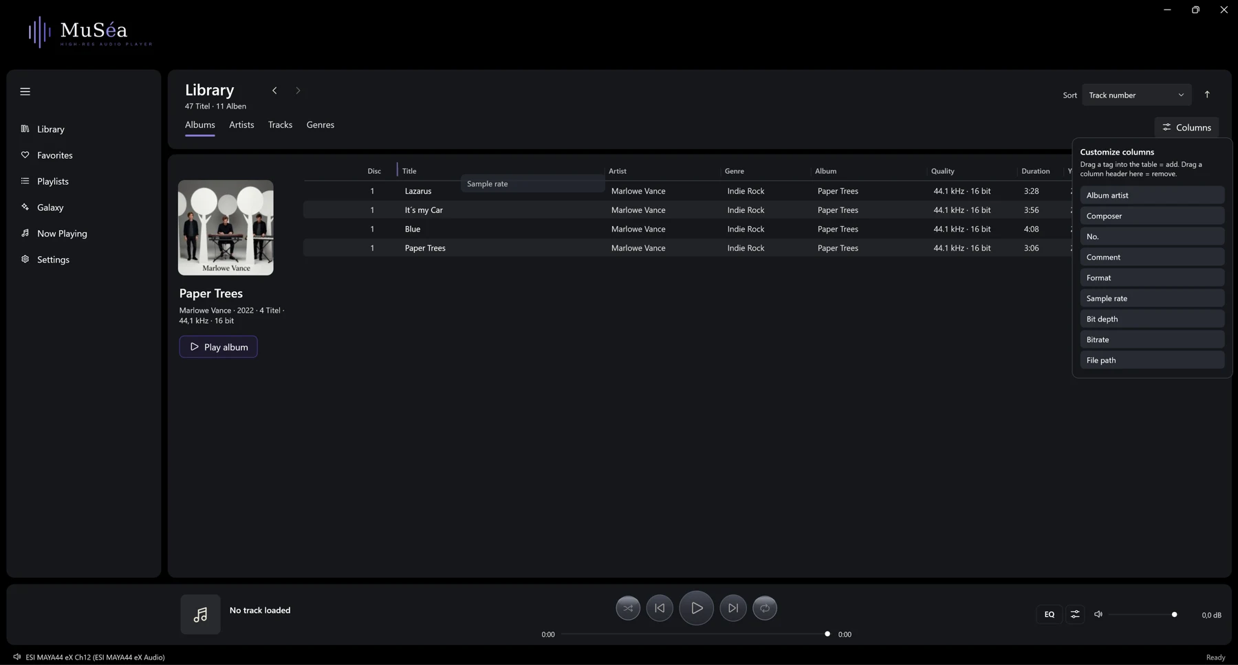Screenshot 09: Track view with the “Customize columns” popup open and the drag instruction