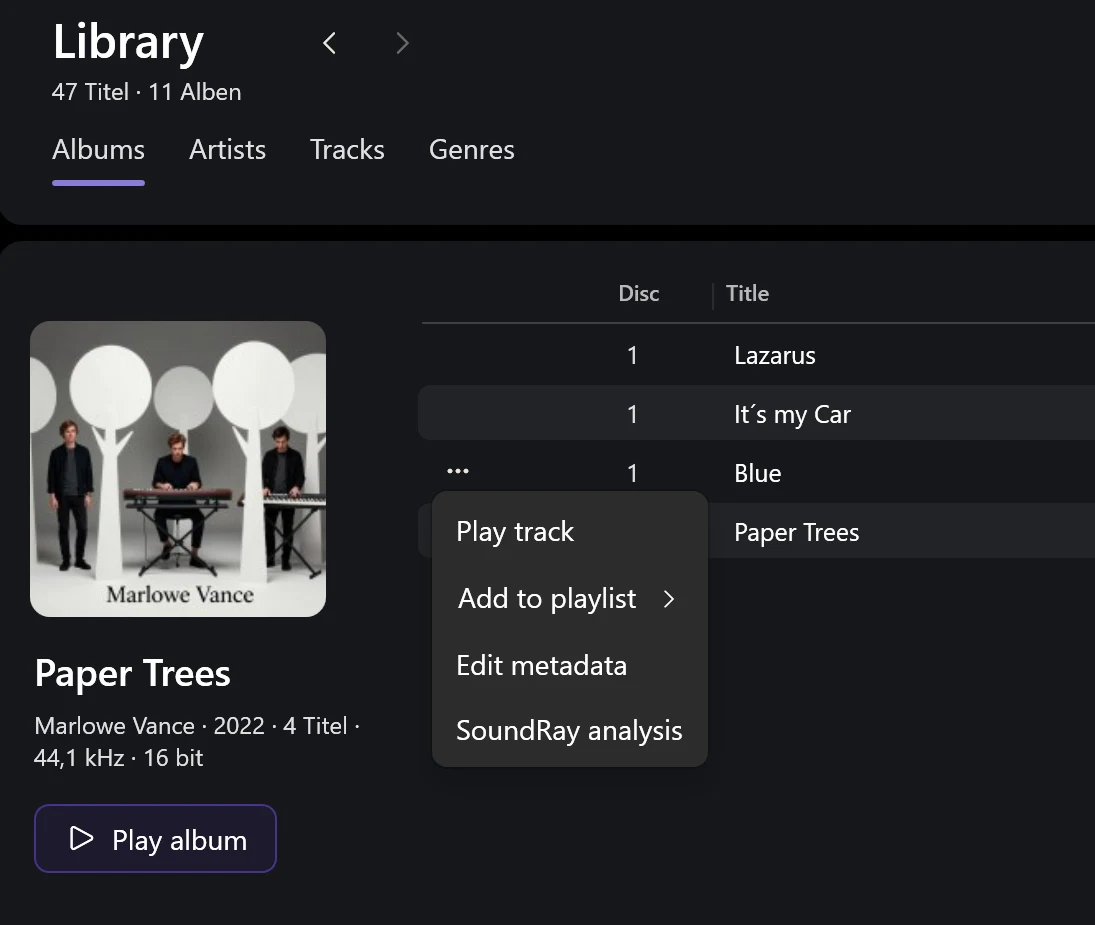 Screenshot 10: Context menu of a track with the entries Play, Add to playlist, Metadata, Cover, SoundRay analysis