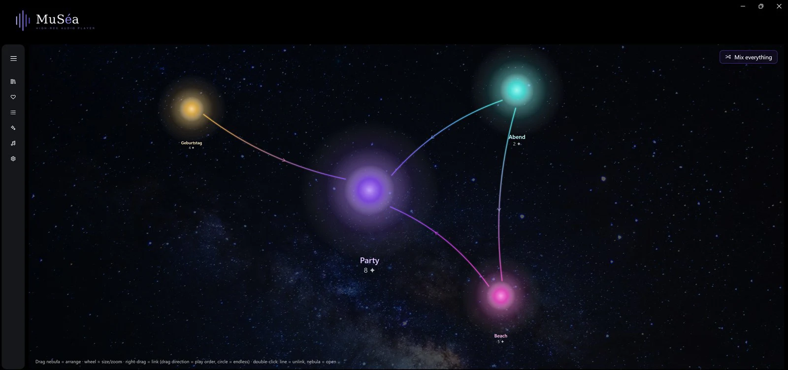 Screenshot 15: Galaxy view: several coloured nebulae in the star field, some with connecting lines and arrows