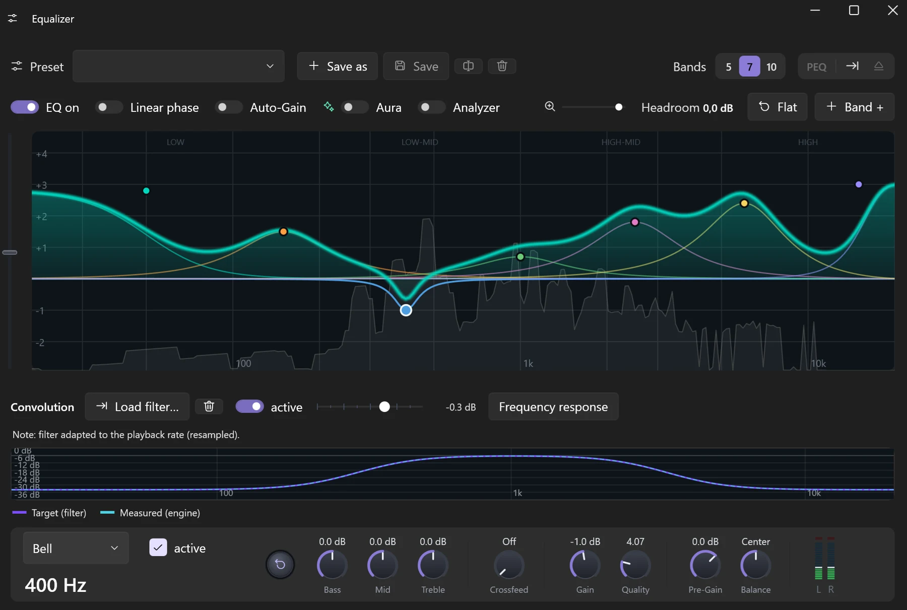 Screenshot 18: Convolution area with a loaded filter and the frequency response “Target” against “Measured”