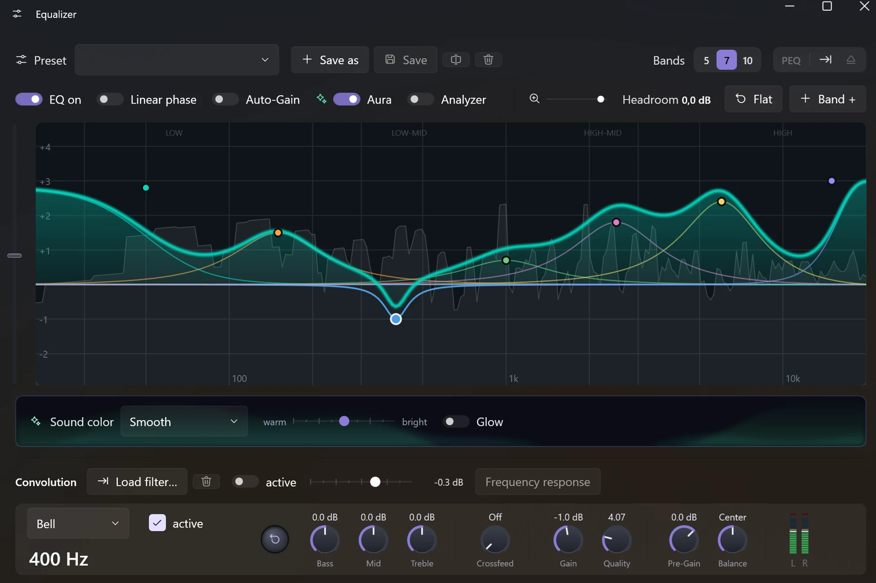Screenshot 19: Aura panel: switch, timbre selection, fine-tuning warm↔bright and glow slider