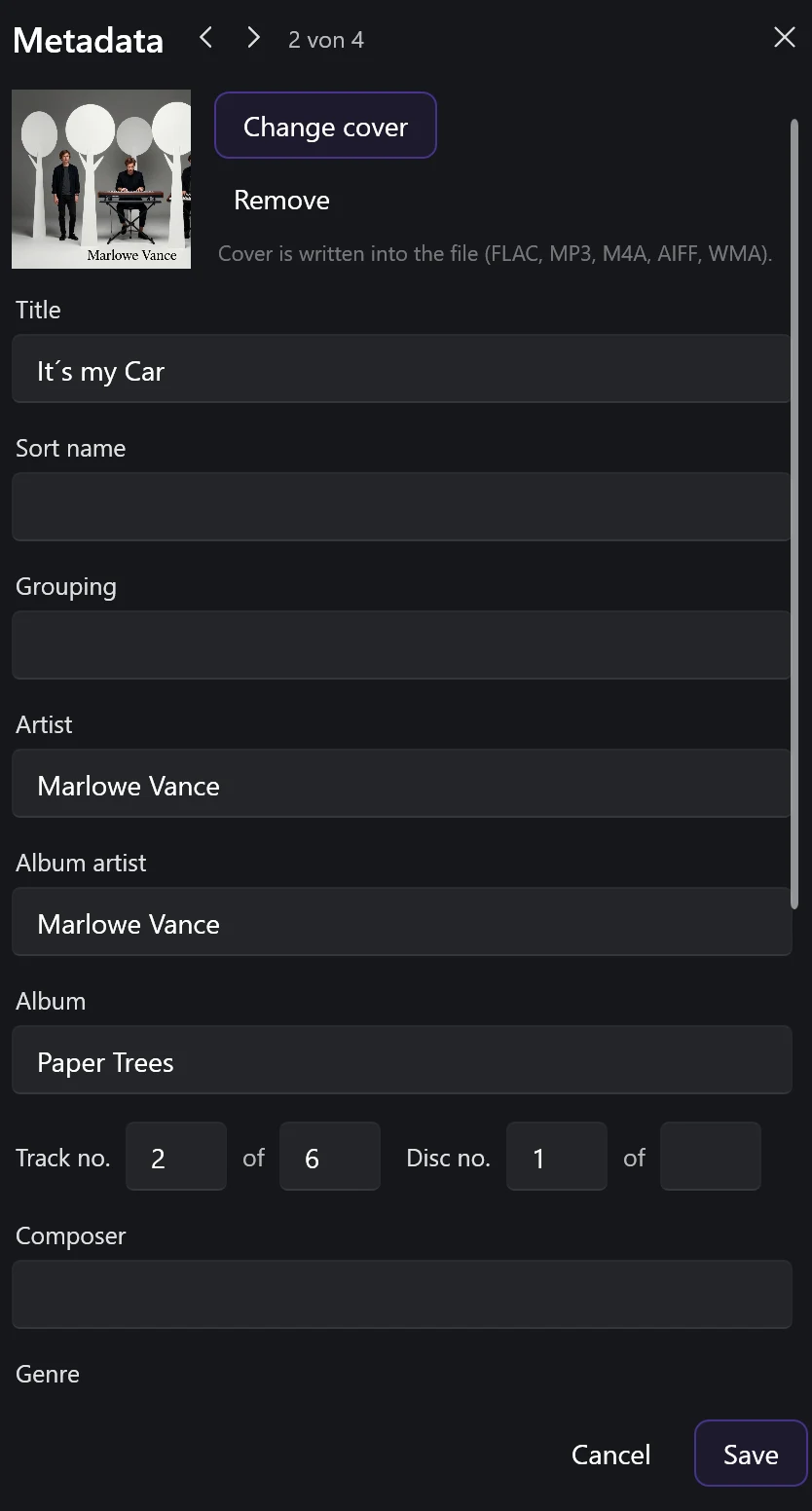 Screenshot 20: Metadata editor: fields for title, artist, album, year, genre, cover preview and the option “Also write changes to the file”