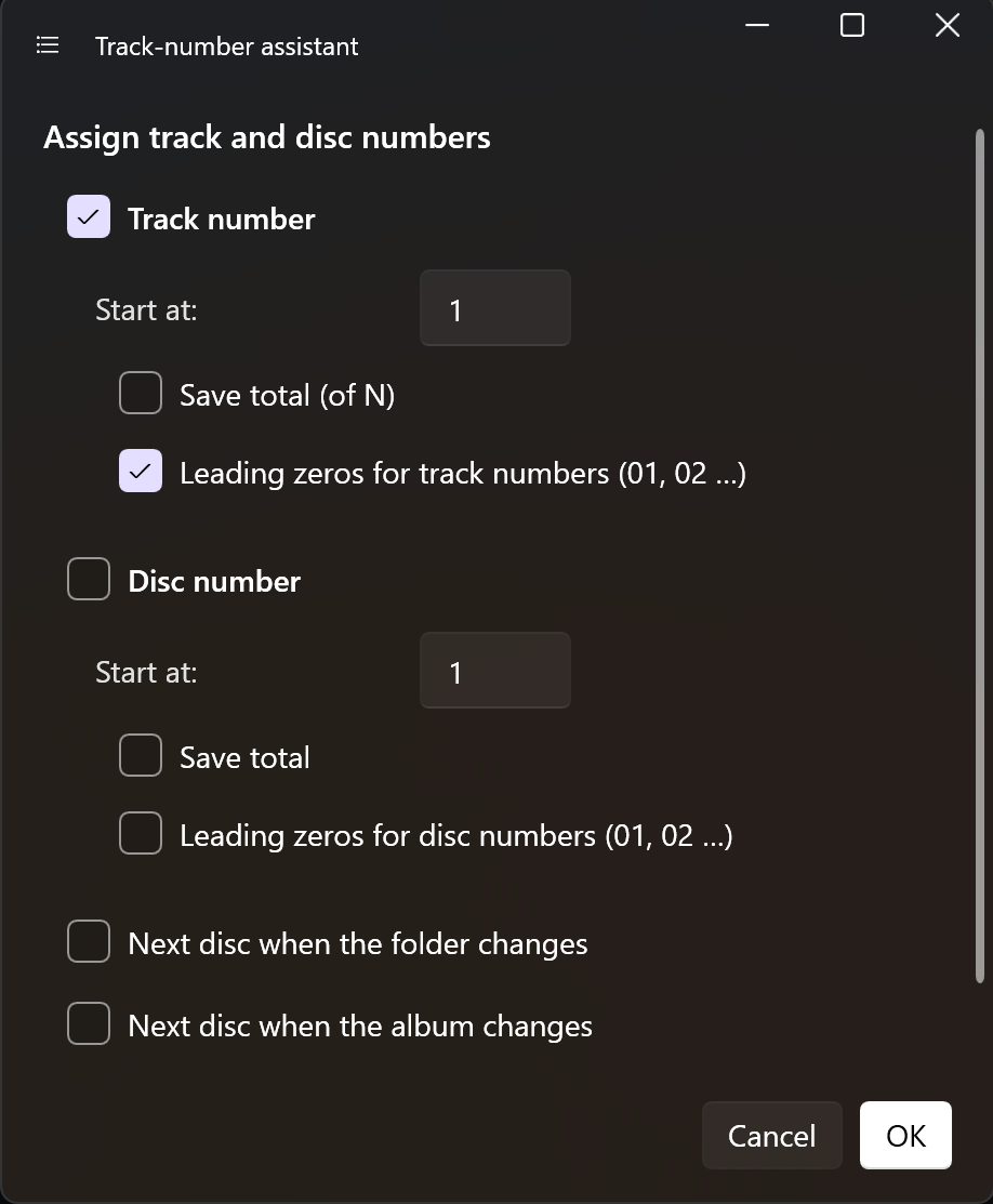 Screenshot 21: Track number assistant with start value, leading zeros and disc options