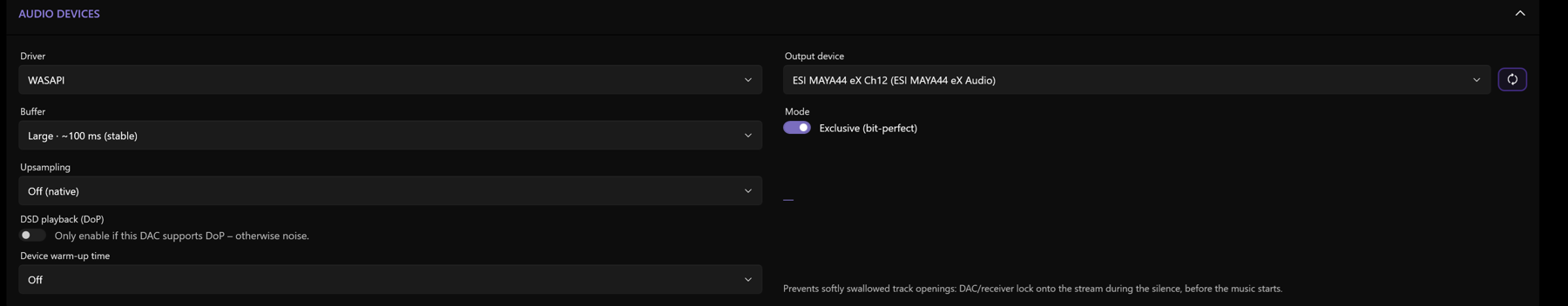Screenshot 23: “AUDIO DEVICES” section: driver, output device, buffer, mode, upsampling, DSD/DoP and warm-up time
