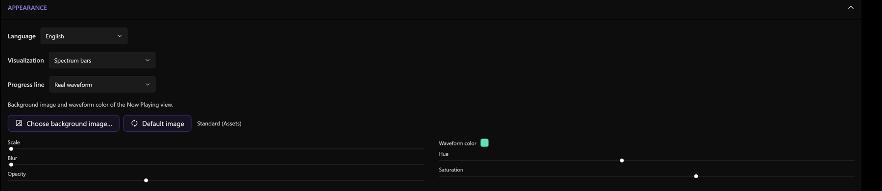 Screenshot 24: “APPEARANCE” section with background-image preview, sliders for blur/transparency and the waveform colour