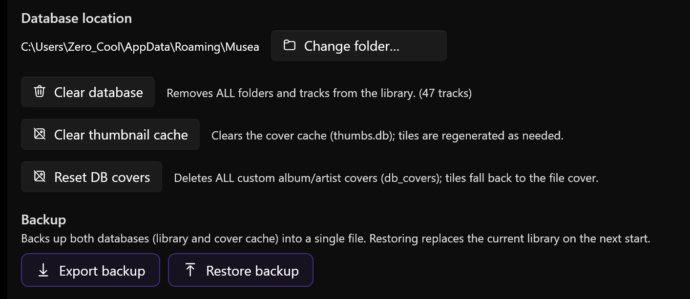 Screenshot 25: “Backup” section with the buttons “Export backup” and “Restore backup” and the progress ring during the operation