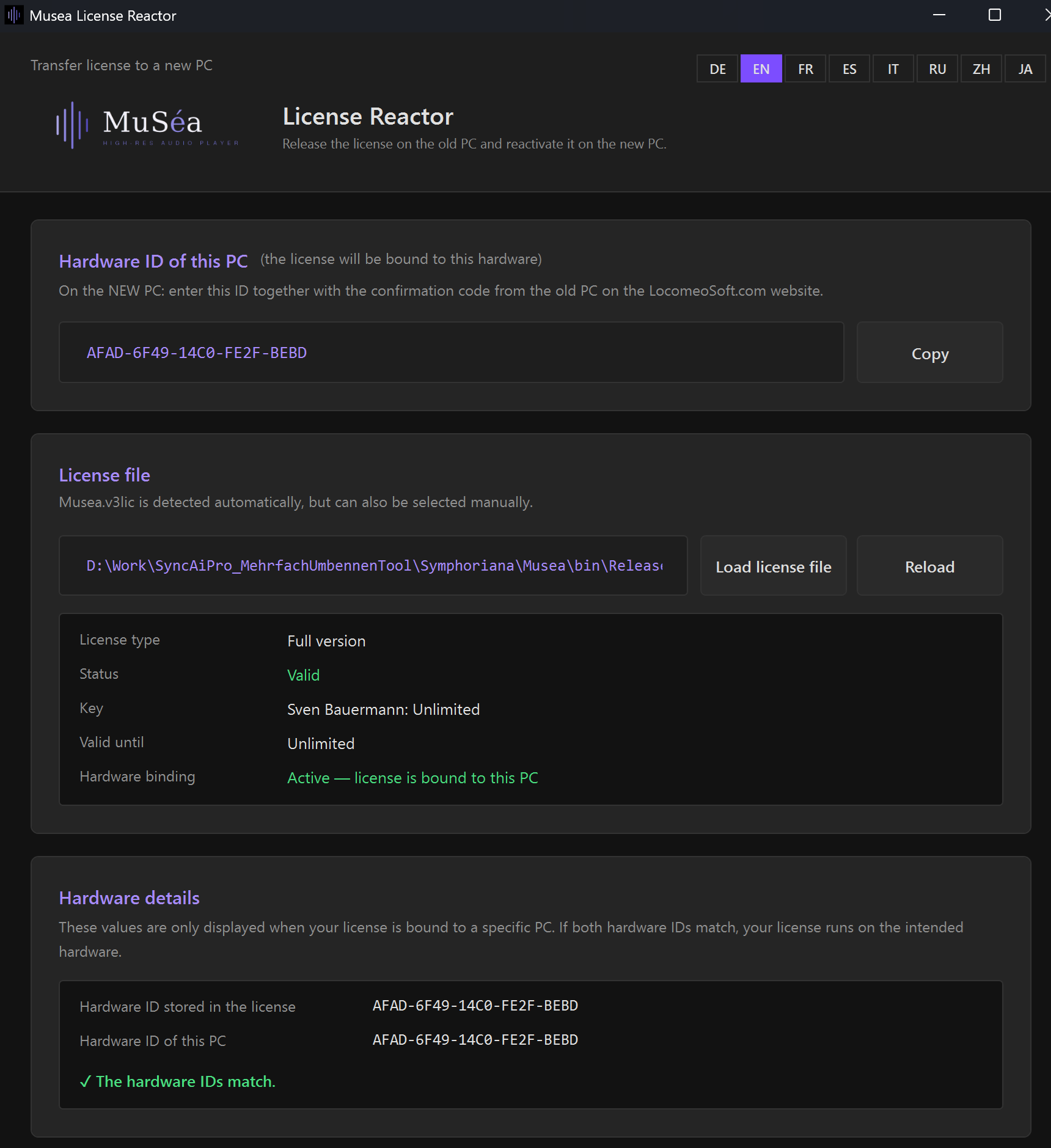 Screenshot 26: Licence Center: hardware ID, licence type and status, below it the two steps for the move