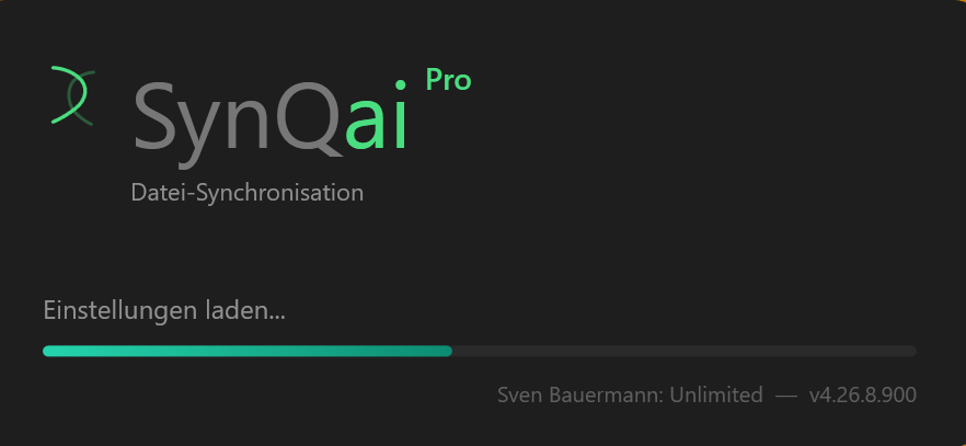 Screenshot 01: Startbildschirm während des Ladens (Untertitel „Datei-Synchronisation“, Statuszeile „Bereit starten…“)