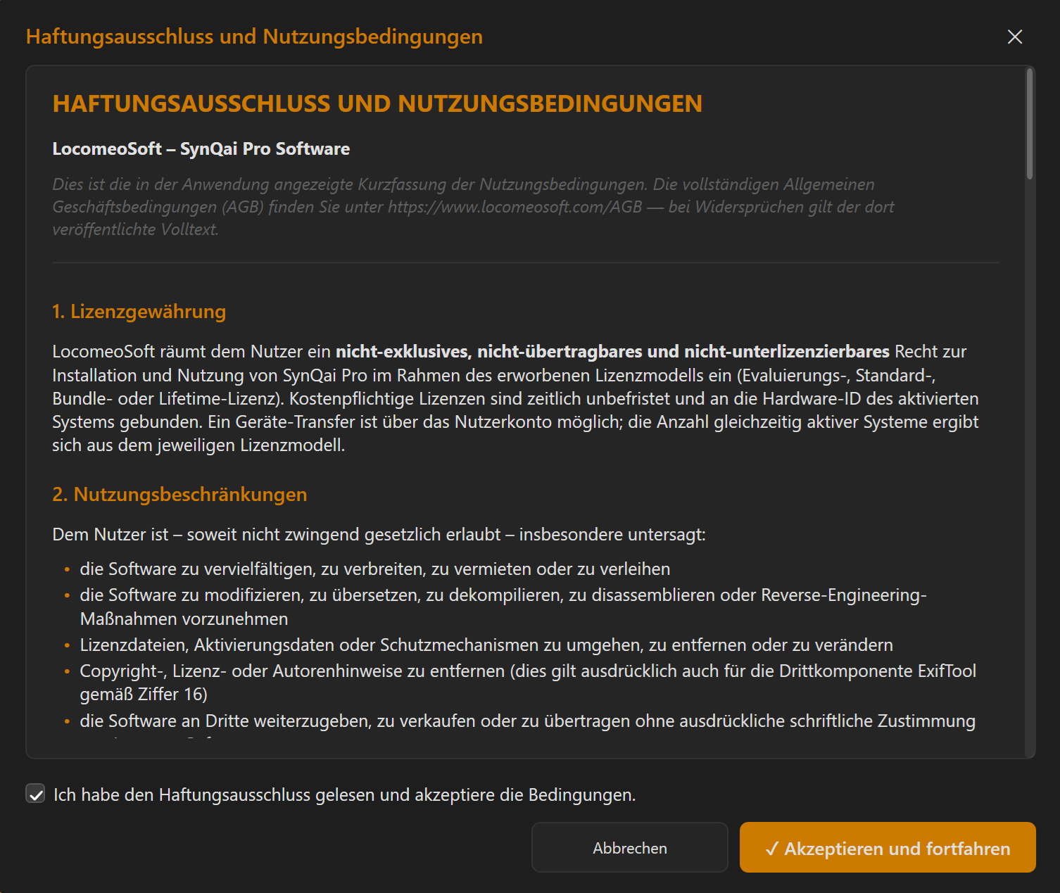 Screenshot 02: Haftungsausschluss-Dialog mit Scroll-Hinweis, Akzeptieren-Häkchen und Button