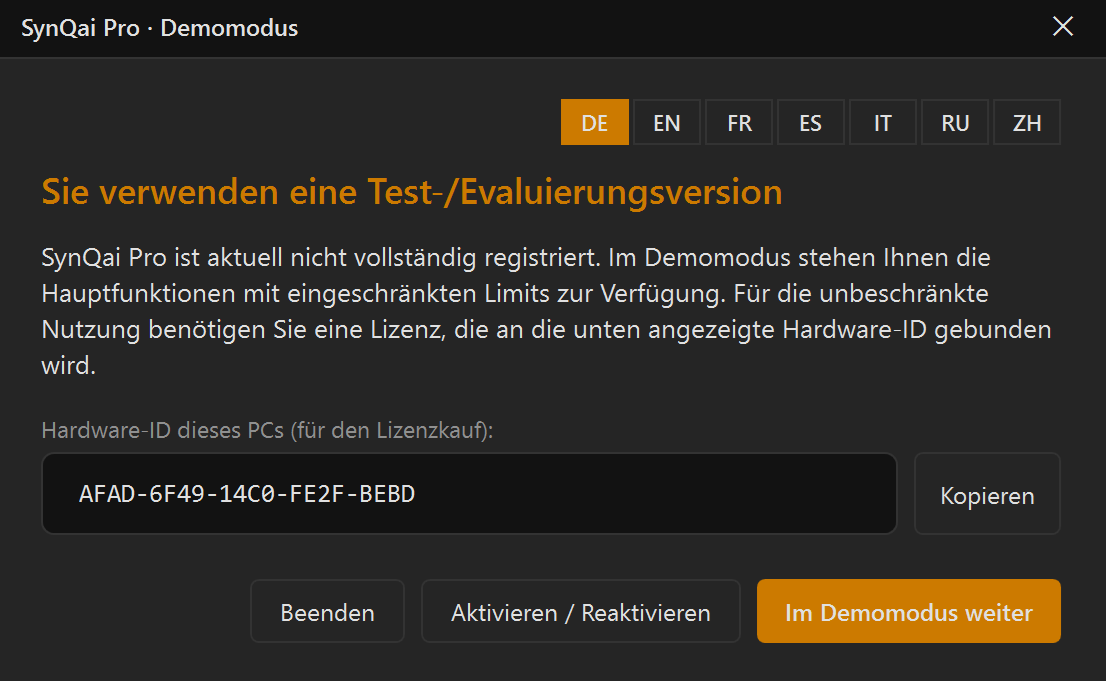 Screenshot 03: Demomodus-Dialog mit Hardware-ID-Feld und den drei Schaltflächen