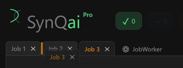 Screenshot 10: Job-Leiste mit mehreren Reitern; ein Job ist aktiv, ein weiterer wird gerade per Ziehen umsortiert (Ghost-Vorschau und Einfüge-Linie)