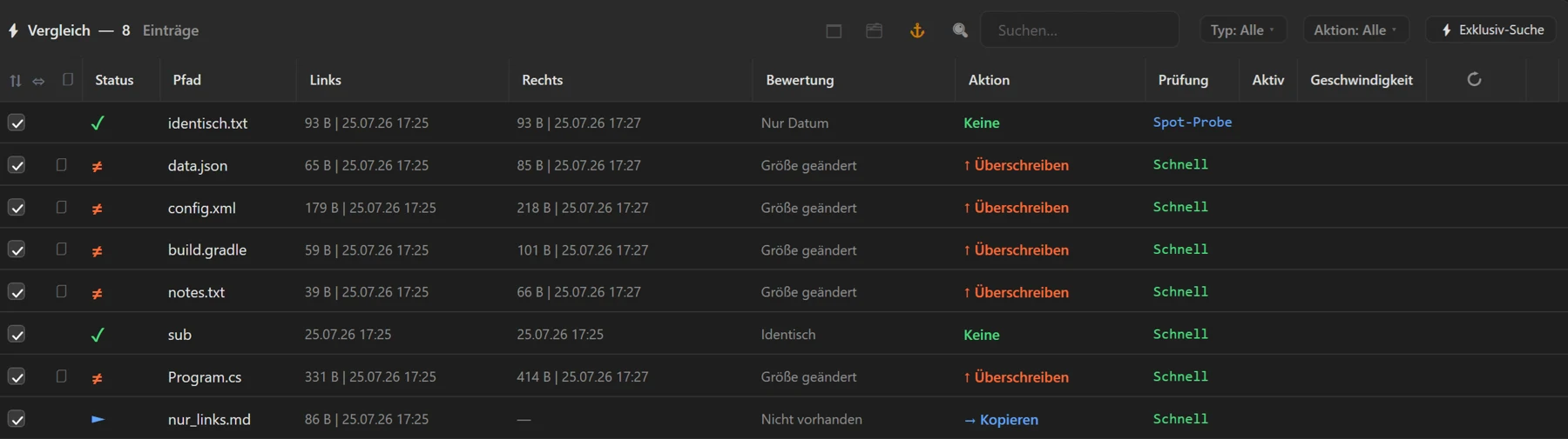 Screenshot 13: Vergleichsliste direkt nach der Analyse (gefüllt, verschiedene Status/Aktionen sichtbar)