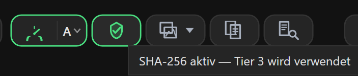 Screenshot 14: Obere Werkzeugleiste mit dem 🔍-SHA-256-Schalter — links grün umrandet (aktiv), rechts gedämpft (deaktiviert)